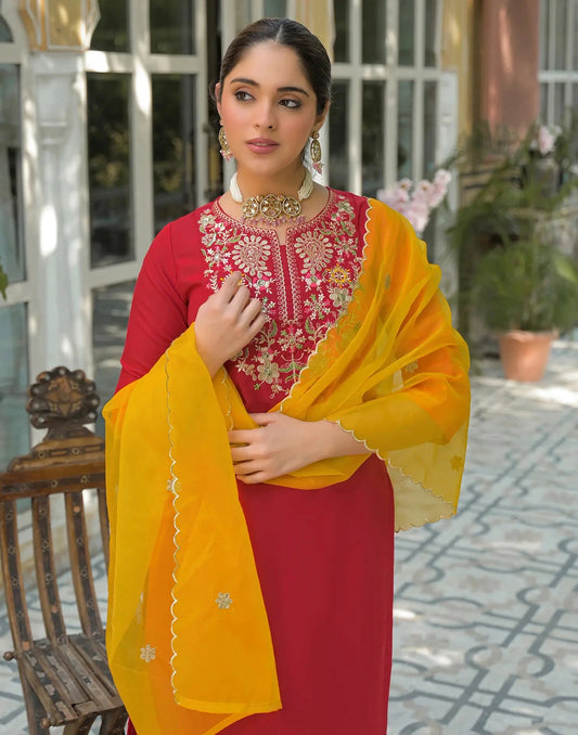 Rayon Embroidered Round Neck Straight Kurta with Pant & Dupatta