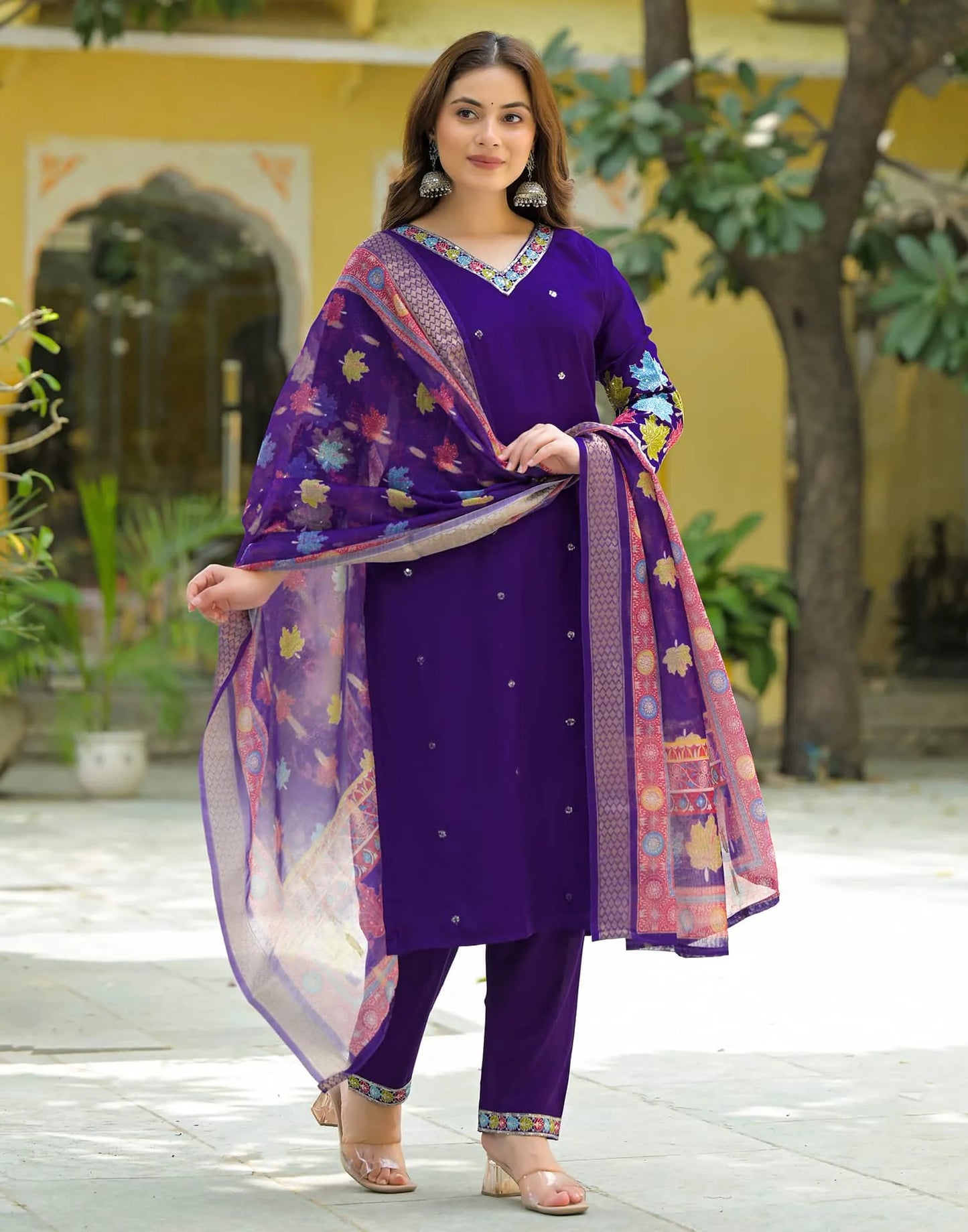 Silk Straight Embroidery V-Neck Kurta with Pant & Dupatta