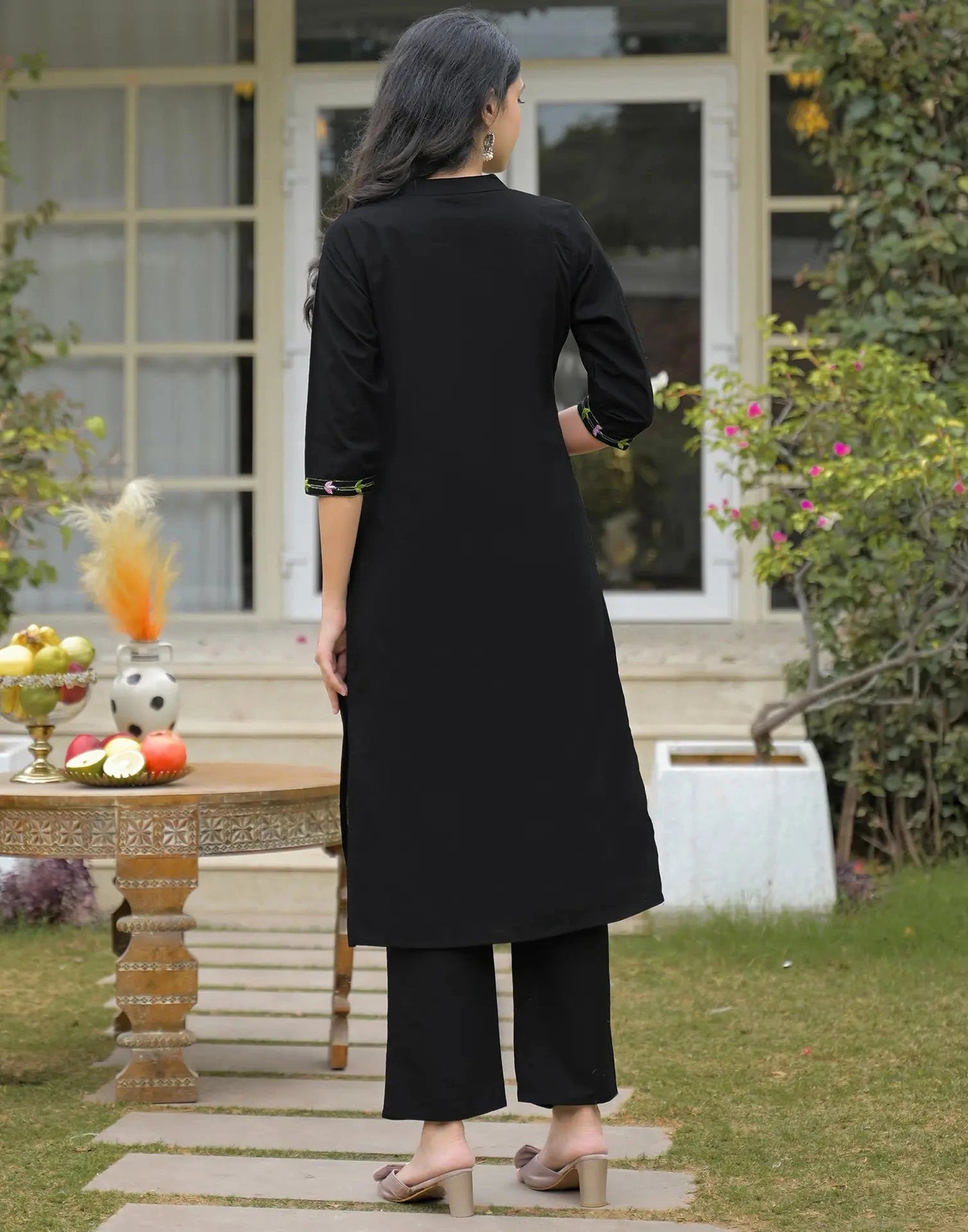 Cotton Embroidered Mandarin Collar Straight Kurta with Pant & Dupatta