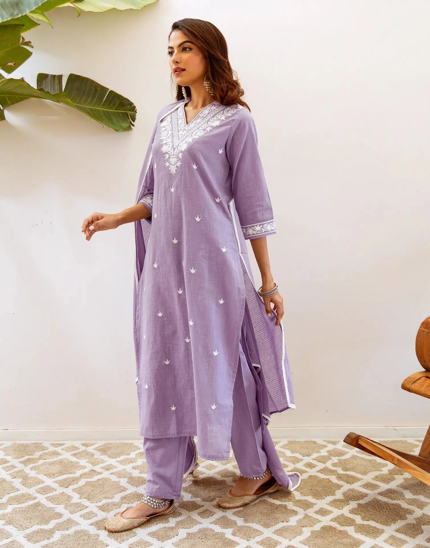 Cotton Embroidered V-Neck Straight Kurta with Pant & Dupatta