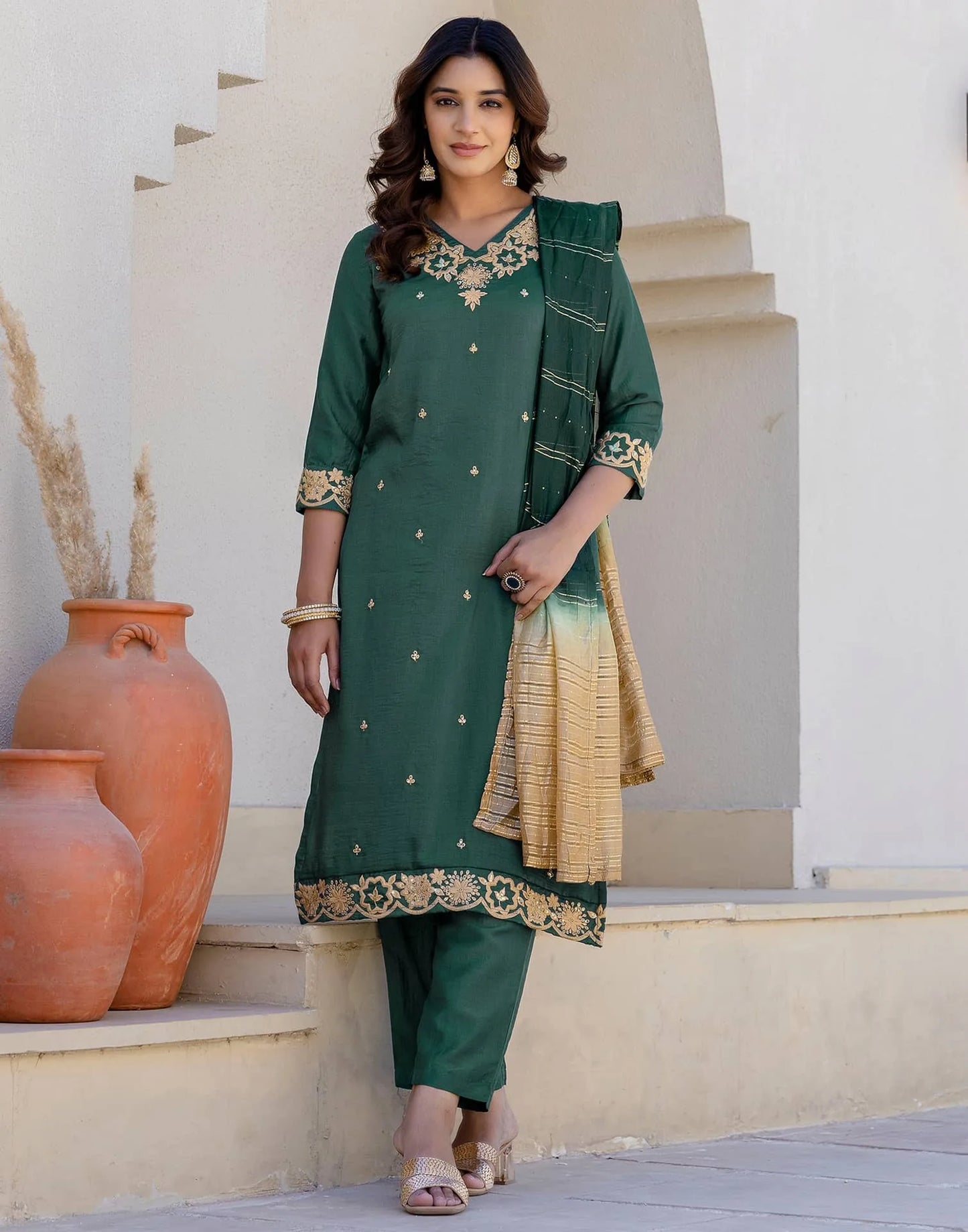 Silk Blend Embroidery, Sequin Work and Embroidery Lace Straight Kurta with Pant & Dupatta