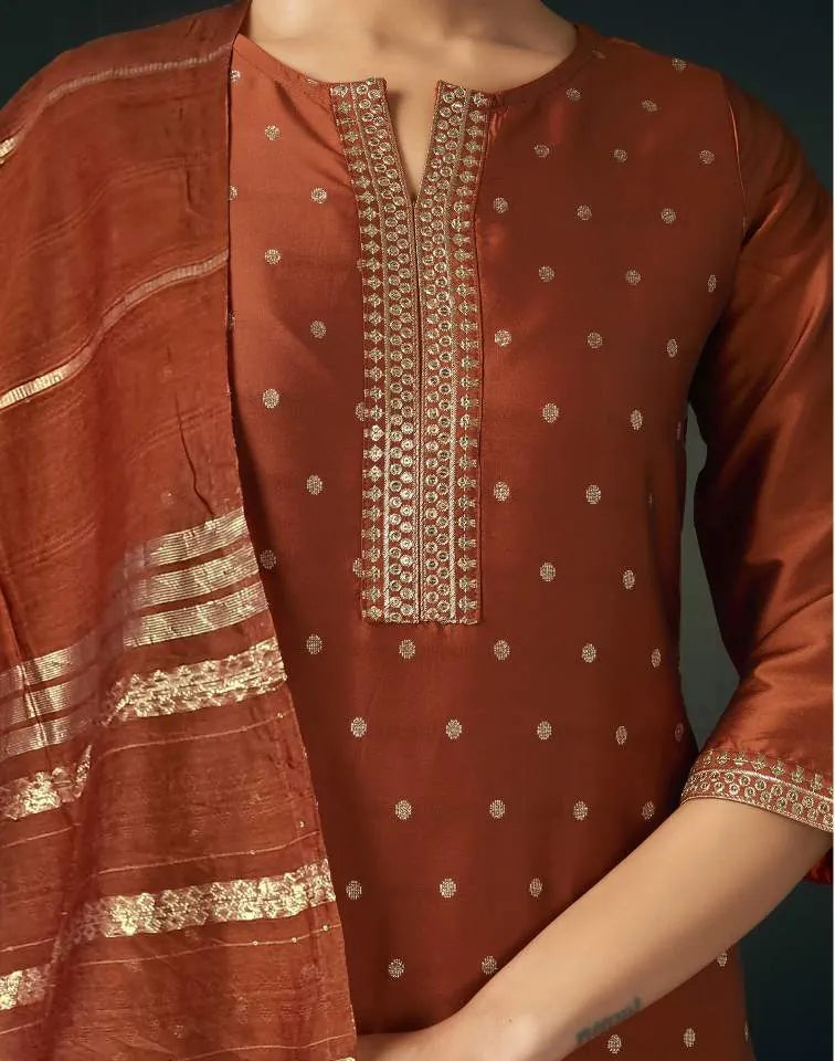 Skylee Taffeta Butti Embroidered Straight 3 Piece Kurta Set For Woman