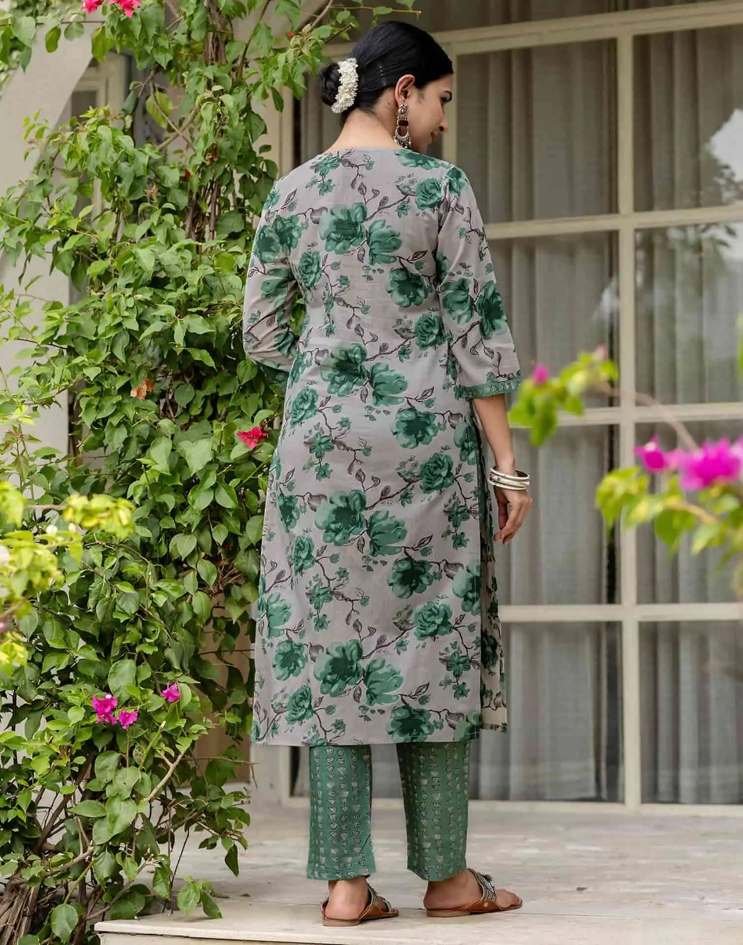 Grey Cotton Printed Straight Kurta Set with Pant and Dupatta