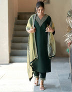 Skylee Dark Green Silk V Neck Sleeve Straight Kurta Set with Pant & Dupatta