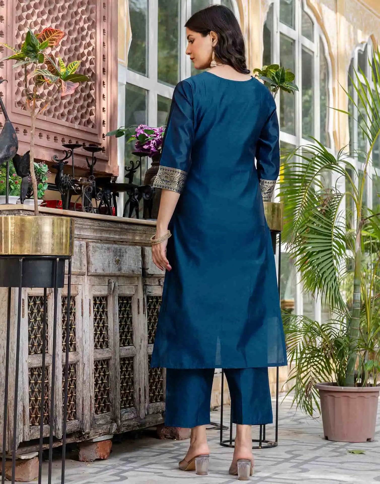 Affordable Silk Blend Kurta Set for Women in Blue Weaving Straight Kurta with Pant & Dupatta