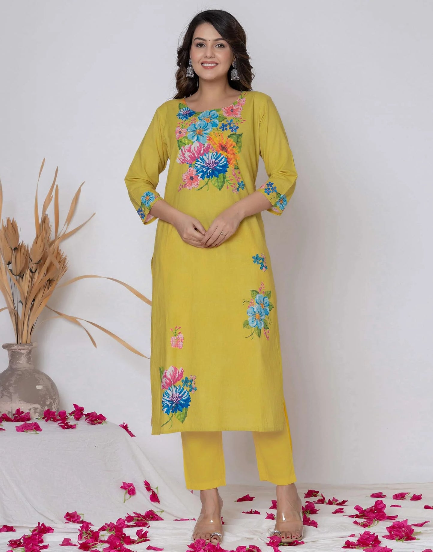 Yellow Cotton Printed Straight Kurta Set with Pant & Dupatta Affordable Casual & Office Wear for Women under 999