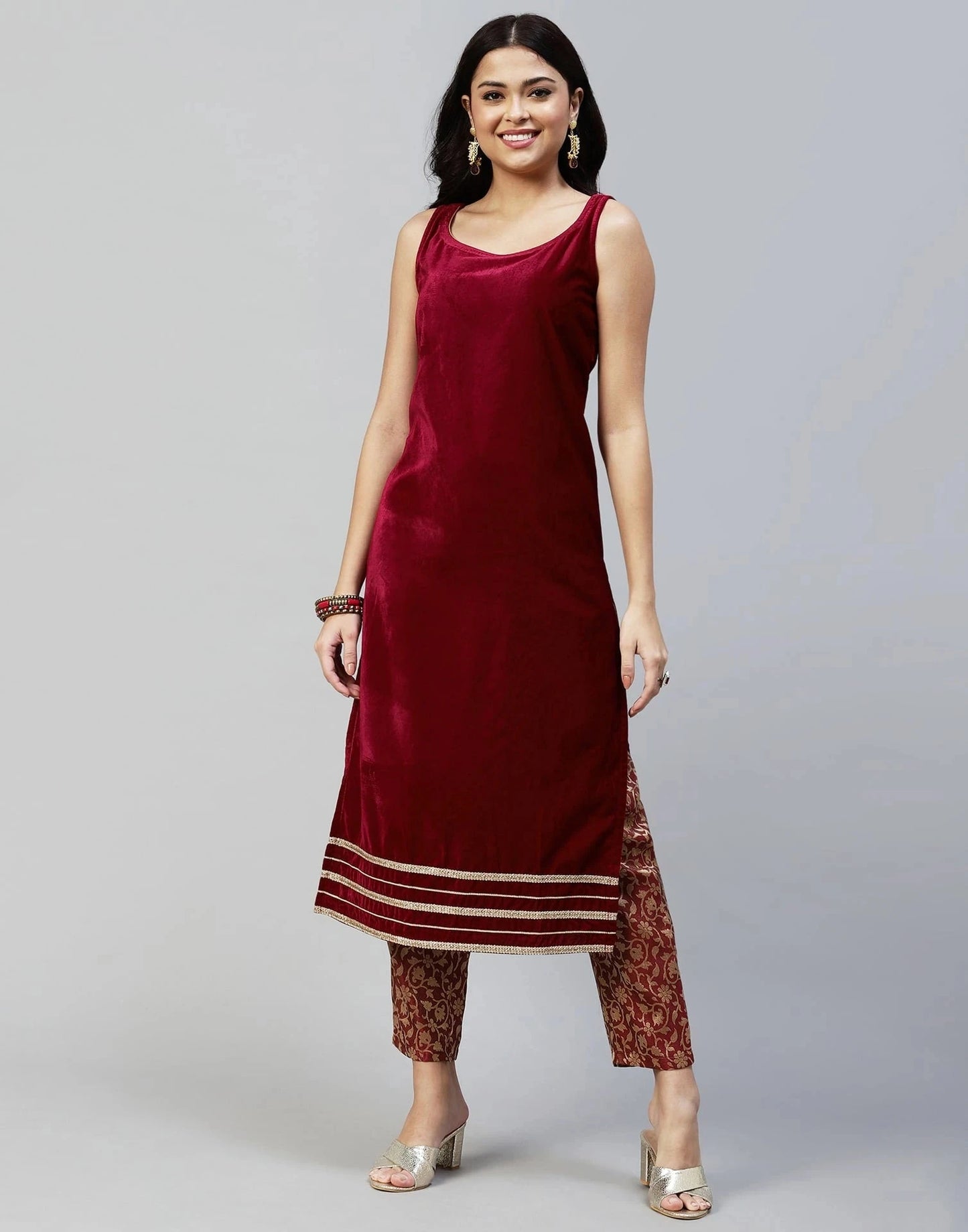 Maroon Velvet Straight Kurta Set with Pants & Dupatta under 1000
