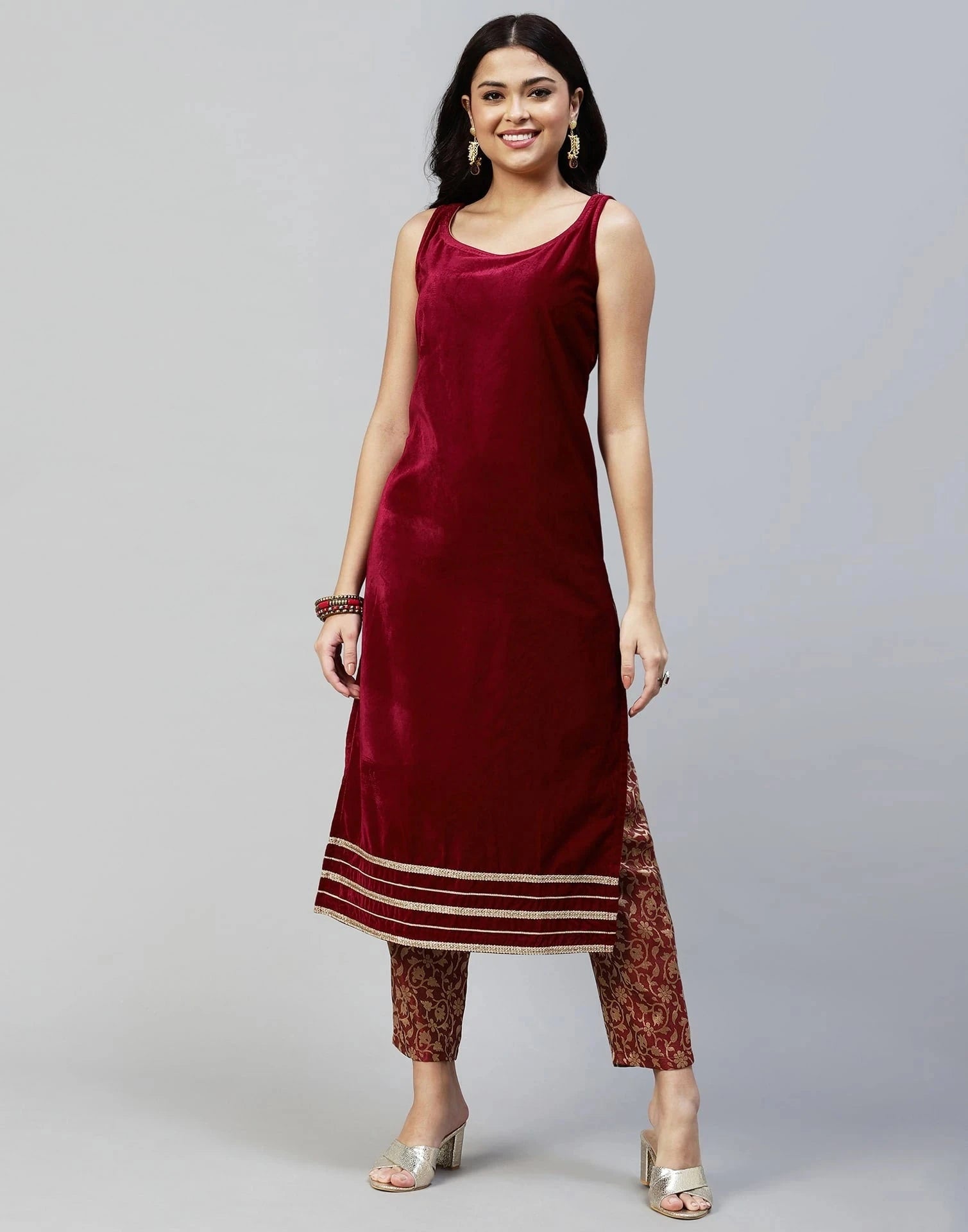 Maroon Velvet Straight Kurta Set with Pants & Dupatta under 1000