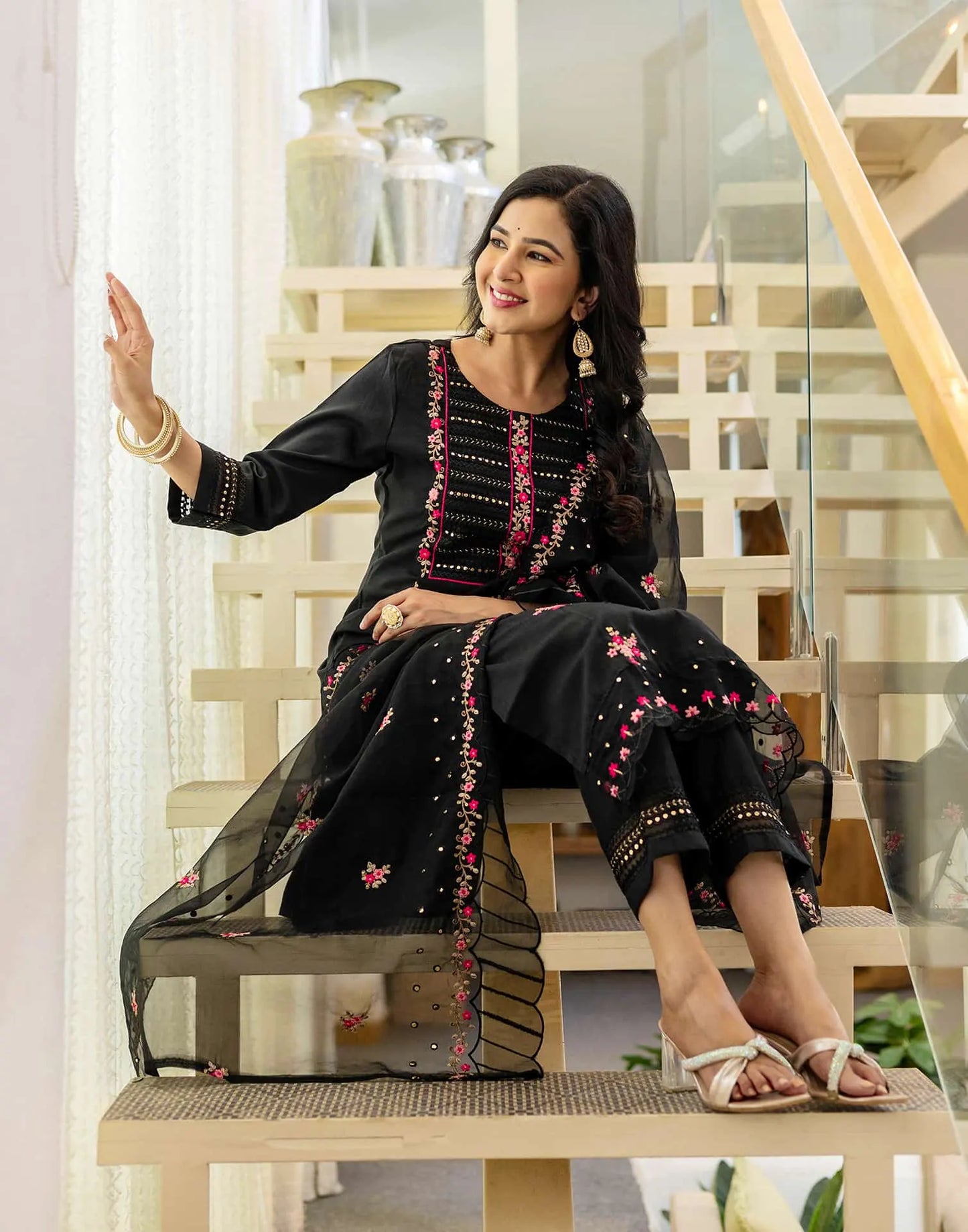 Black Silk Blend Embroidery and Sequins Work Straight Kurta with Pant and Dupatta