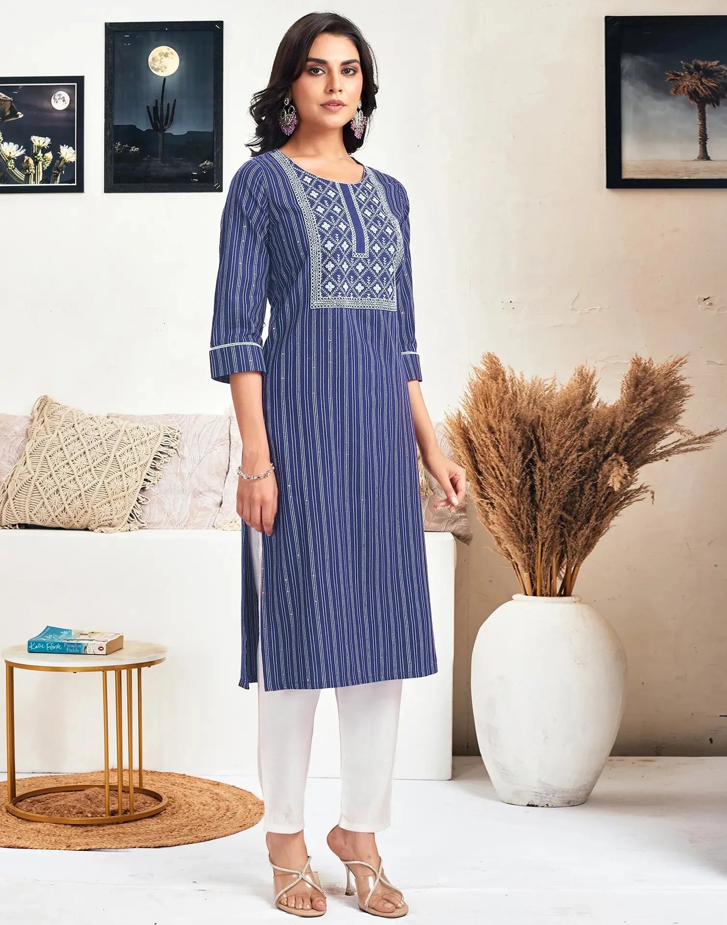 Cotton Embroidered Straight Round Neck Kurtis