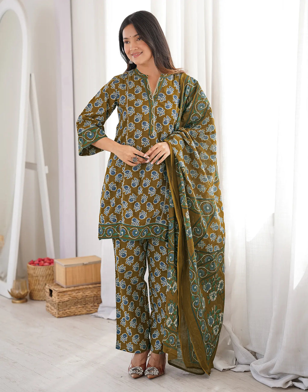 Moss Green Mandarin Collar Digital Printed Straight 3 Piece Kurta Set with Dupatta