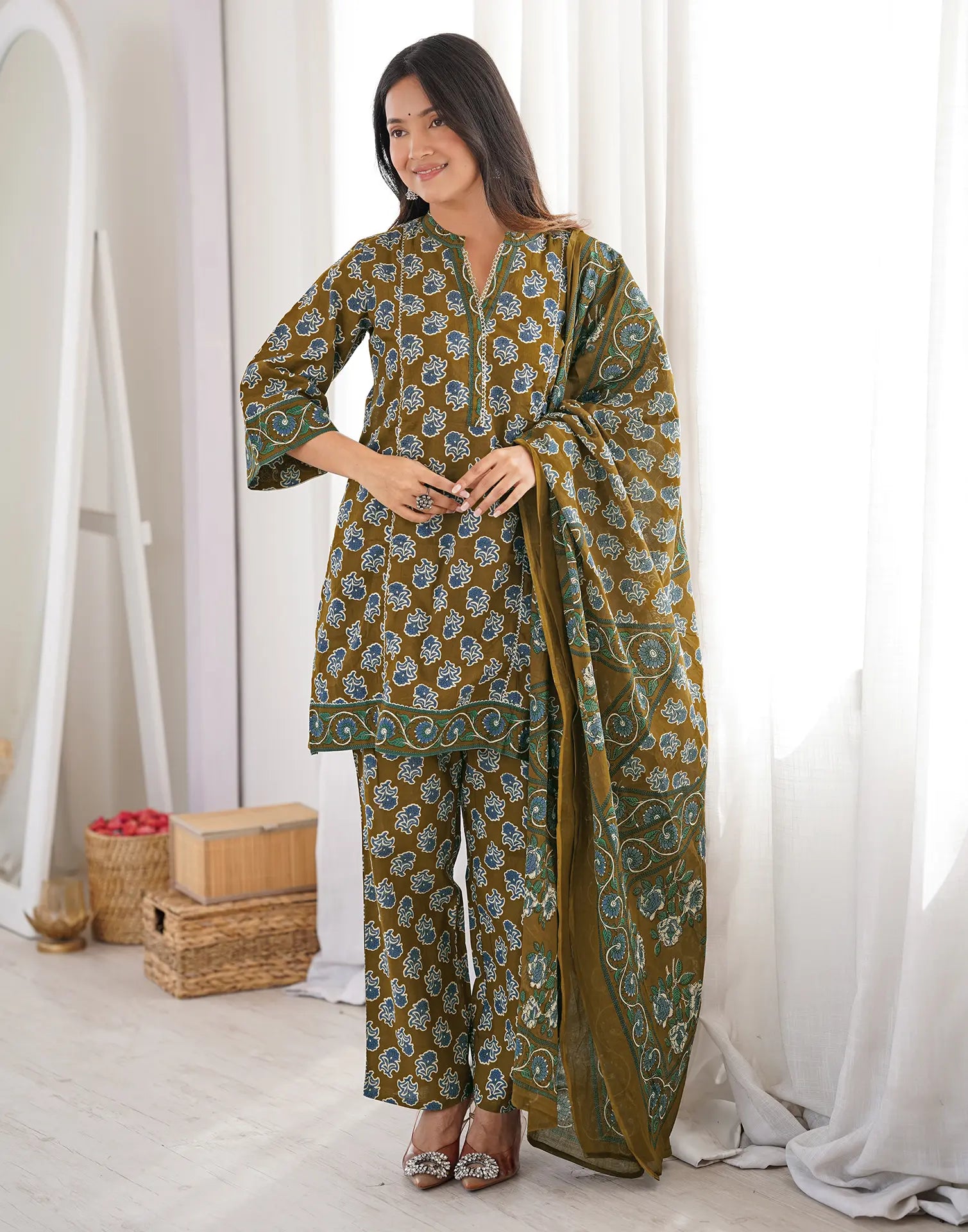 Moss Green Mandarin Collar Digital Printed Straight 3 Piece Kurta Set with Dupatta
