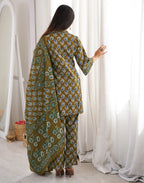 Moss Green Mandarin Collar Digital Printed Straight 3 Piece Kurta Set with Dupatta