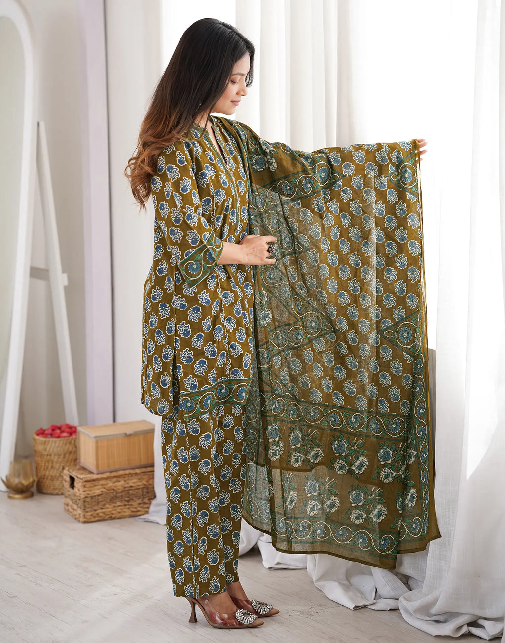 Moss Green Mandarin Collar Digital Printed Straight 3 Piece Kurta Set with Dupatta