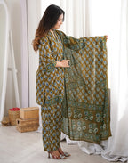 Moss Green Mandarin Collar Digital Printed Straight 3 Piece Kurta Set with Dupatta