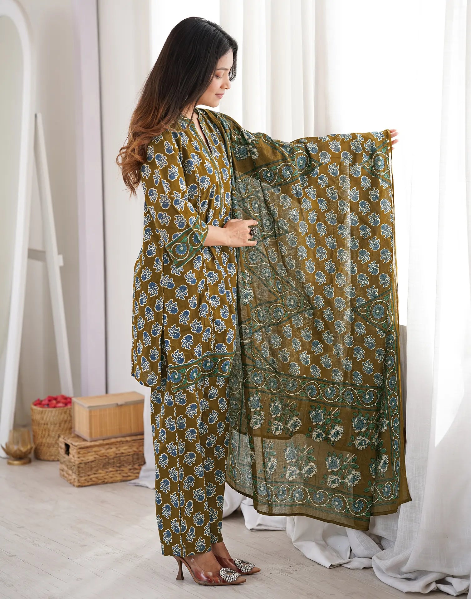 Moss Green Mandarin Collar Digital Printed Straight 3 Piece Kurta Set with Dupatta