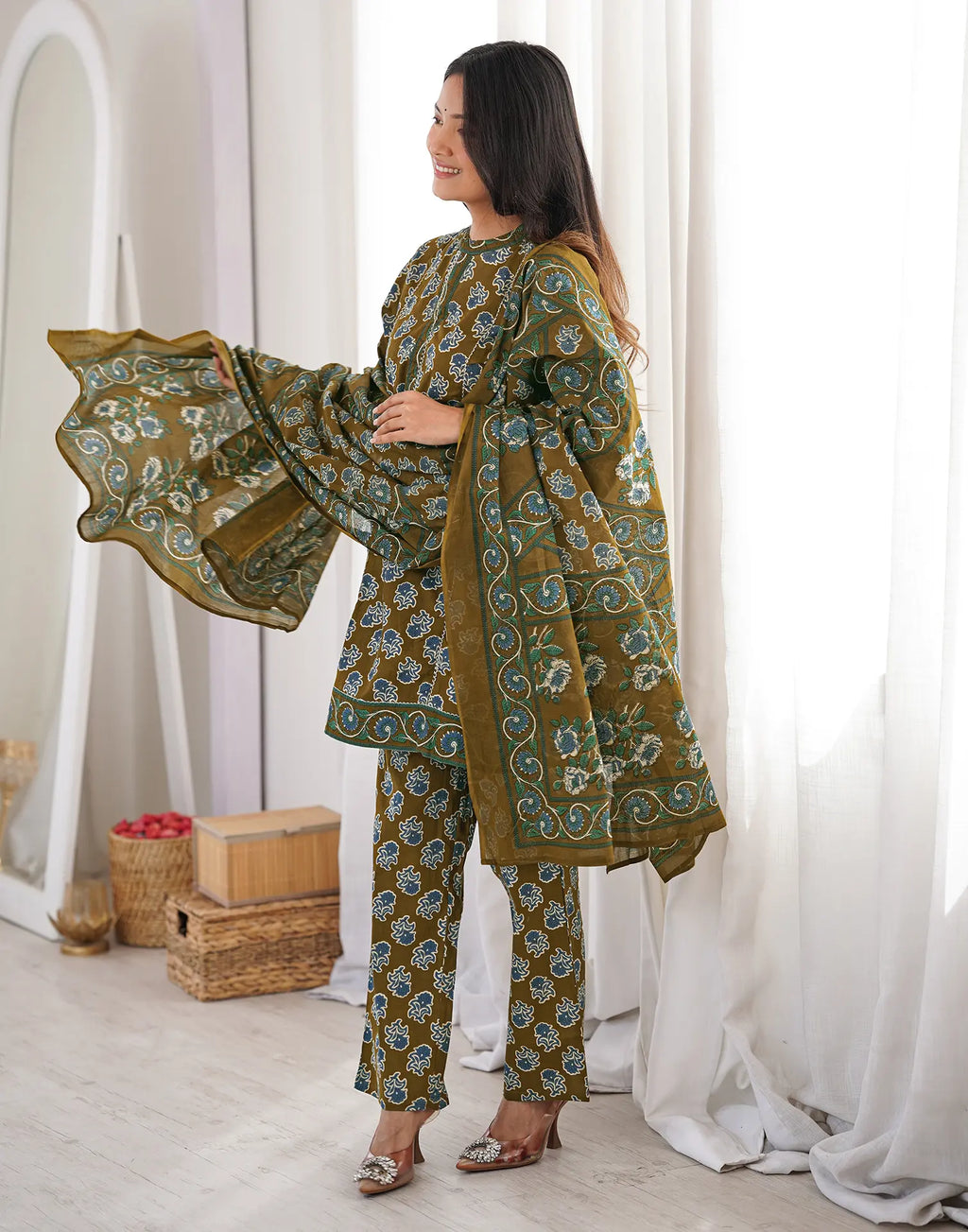 Moss Green Mandarin Collar Digital Printed Straight 3 Piece Kurta Set with Dupatta