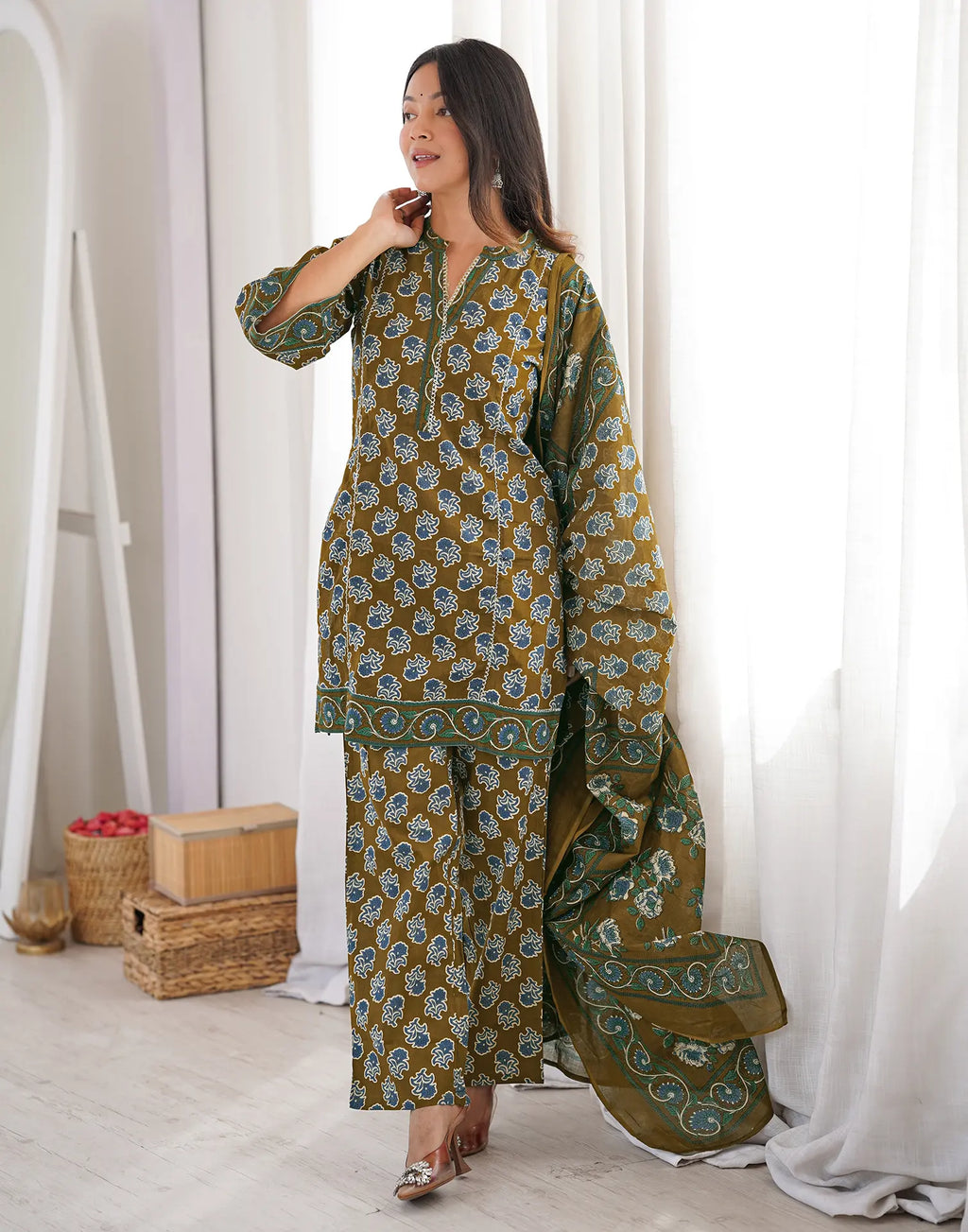 Moss Green Mandarin Collar Digital Printed Straight 3 Piece Kurta Set with Dupatta