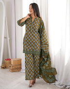 Moss Green Mandarin Collar Digital Printed Straight 3 Piece Kurta Set with Dupatta
