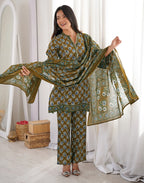 Moss Green Mandarin Collar Digital Printed Straight 3 Piece Kurta Set with Dupatta