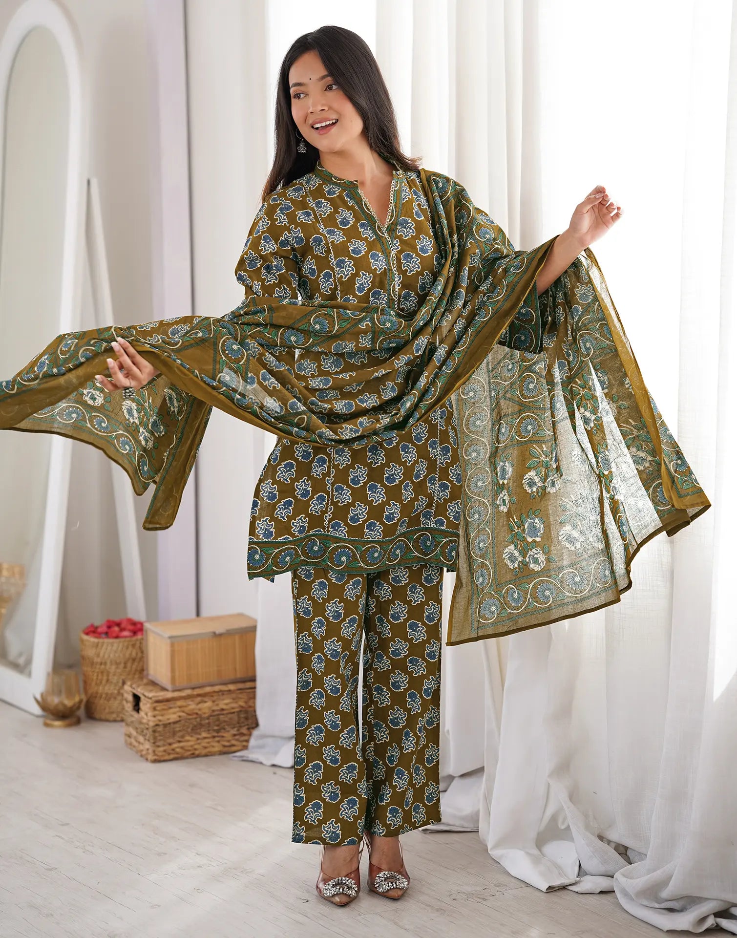 Moss Green Mandarin Collar Digital Printed Straight 3 Piece Kurta Set with Dupatta