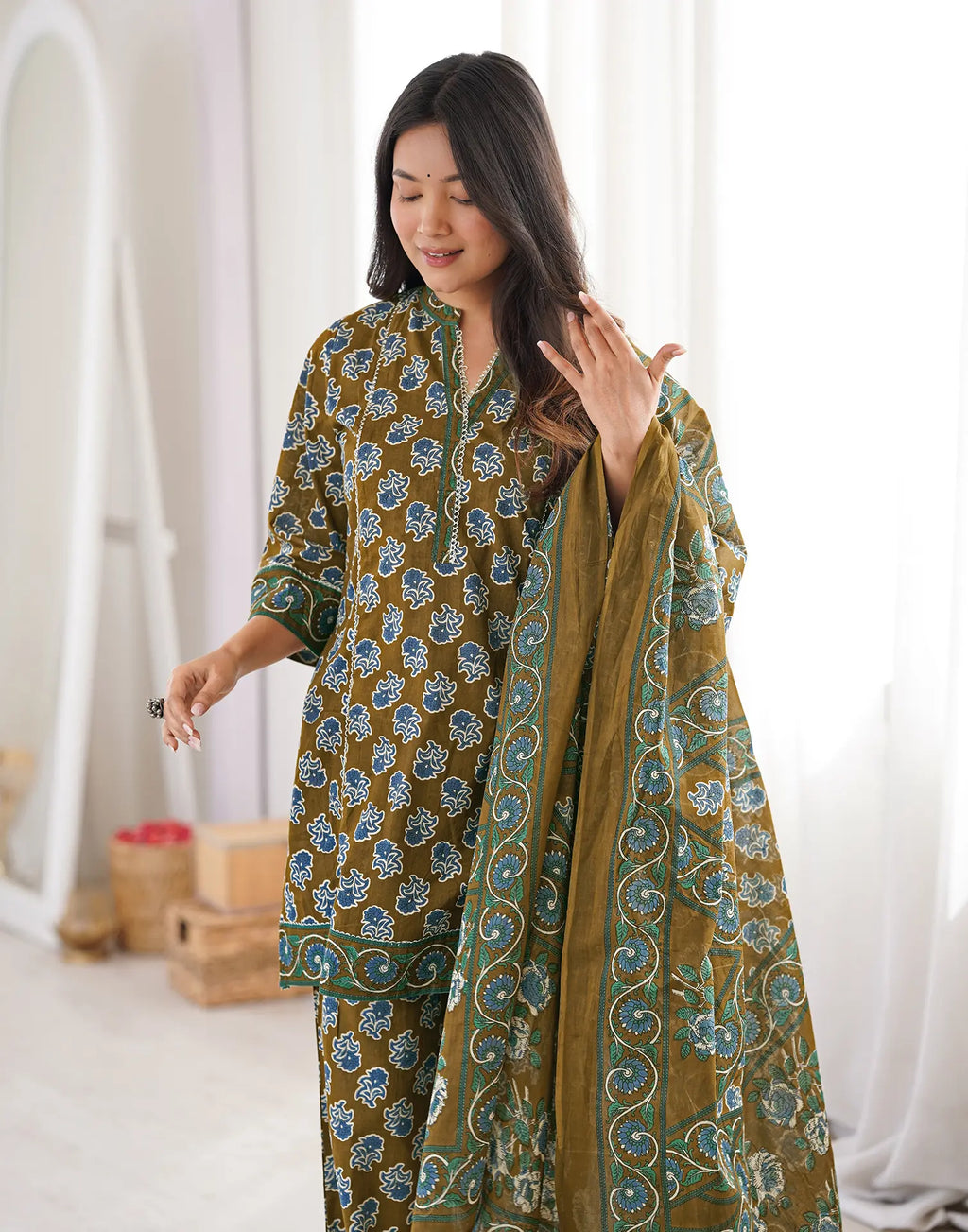 Moss Green Mandarin Collar Digital Printed Straight 3 Piece Kurta Set with Dupatta