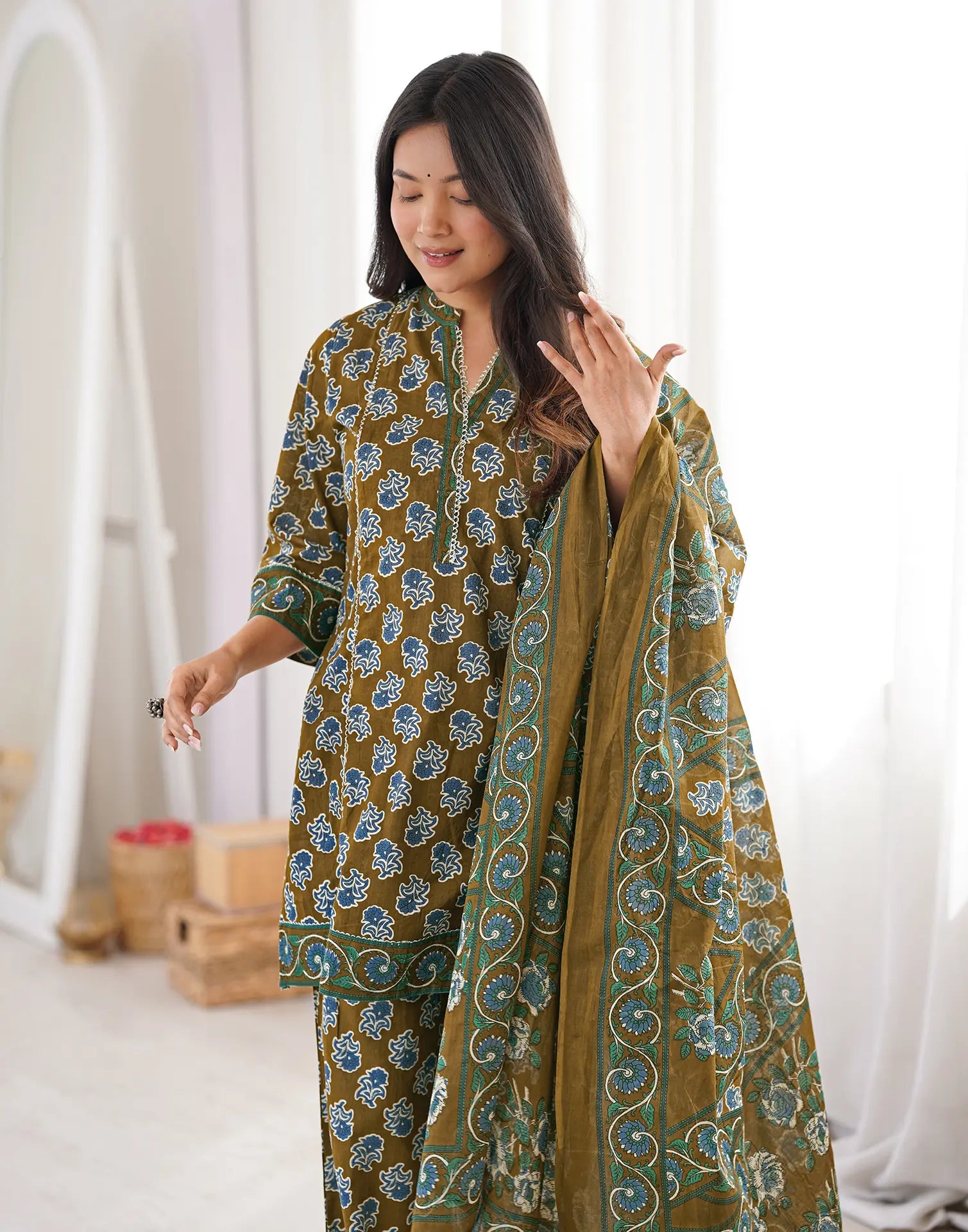 Moss Green Mandarin Collar Digital Printed Straight 3 Piece Kurta Set with Dupatta