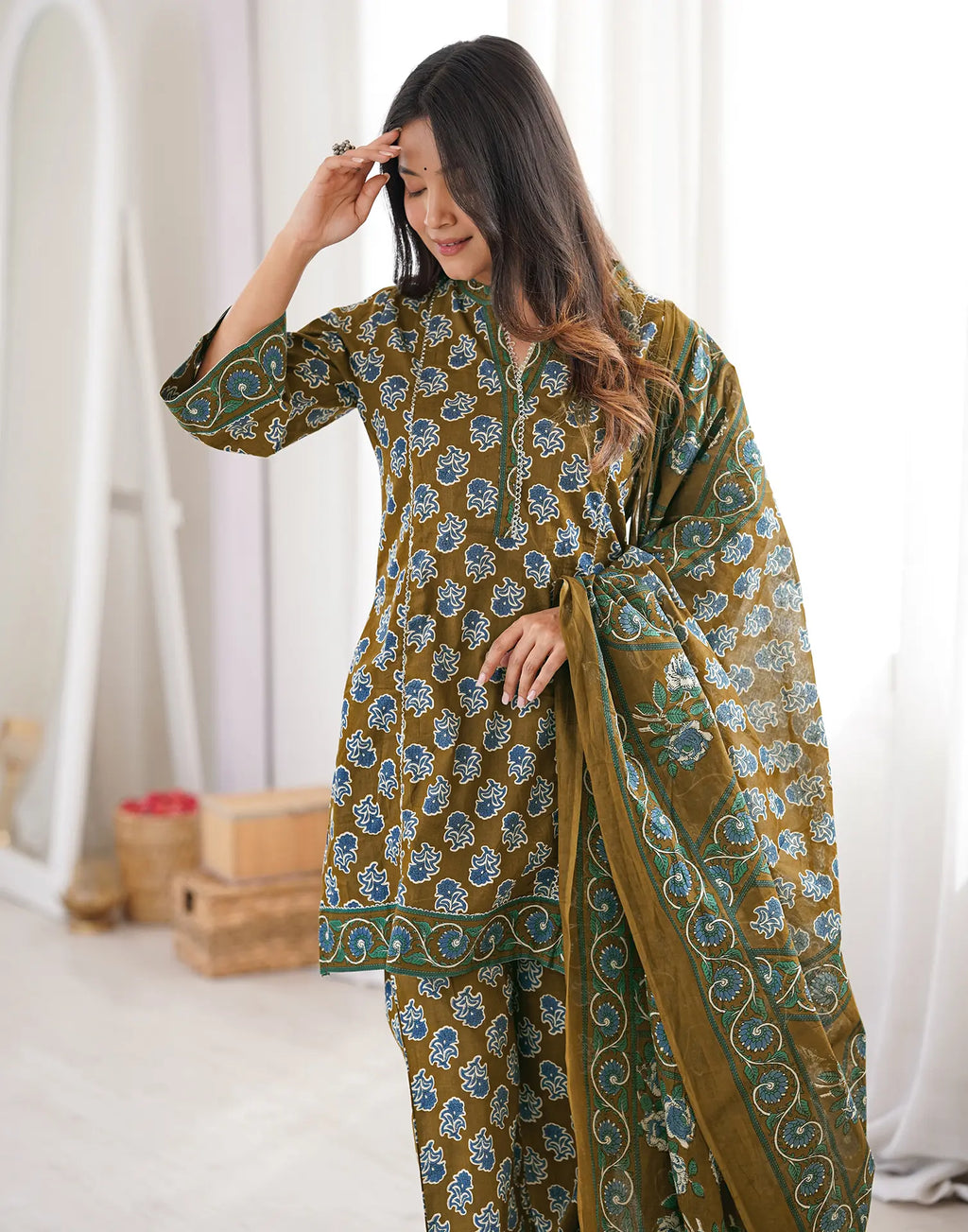 Moss Green Mandarin Collar Digital Printed Straight 3 Piece Kurta Set with Dupatta