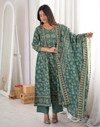 Teal Blue Notched Round Neck Printed Anarkali 3 Piece Kurta Set with Dupatta