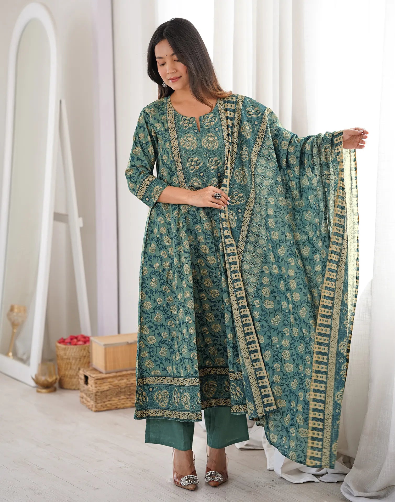 Teal Blue Notched Round Neck Printed Anarkali 3 Piece Kurta Set with Dupatta