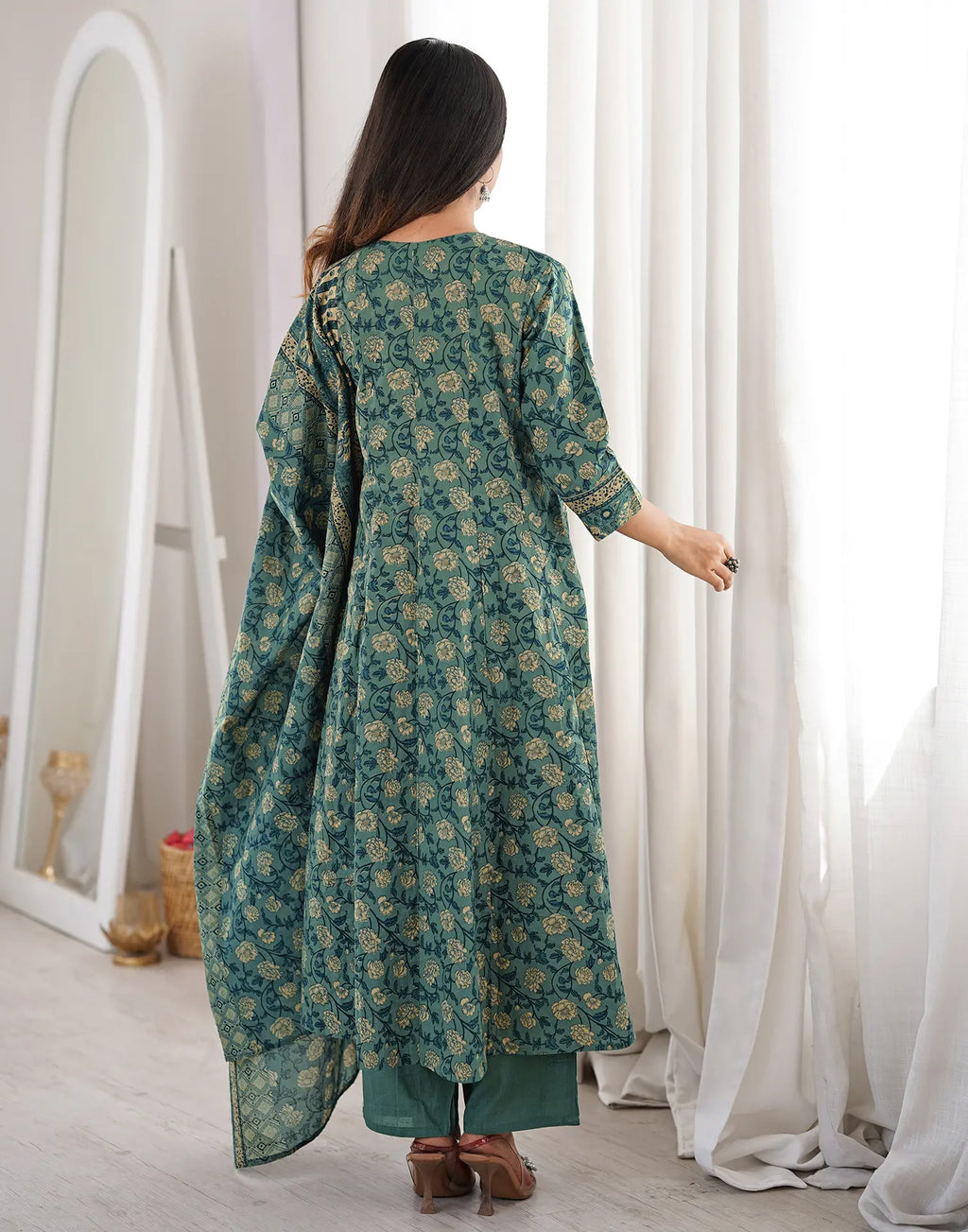 Teal Blue Notched Round Neck Printed Anarkali 3 Piece Kurta Set with Dupatta