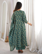 Teal Blue Notched Round Neck Printed Anarkali 3 Piece Kurta Set with Dupatta