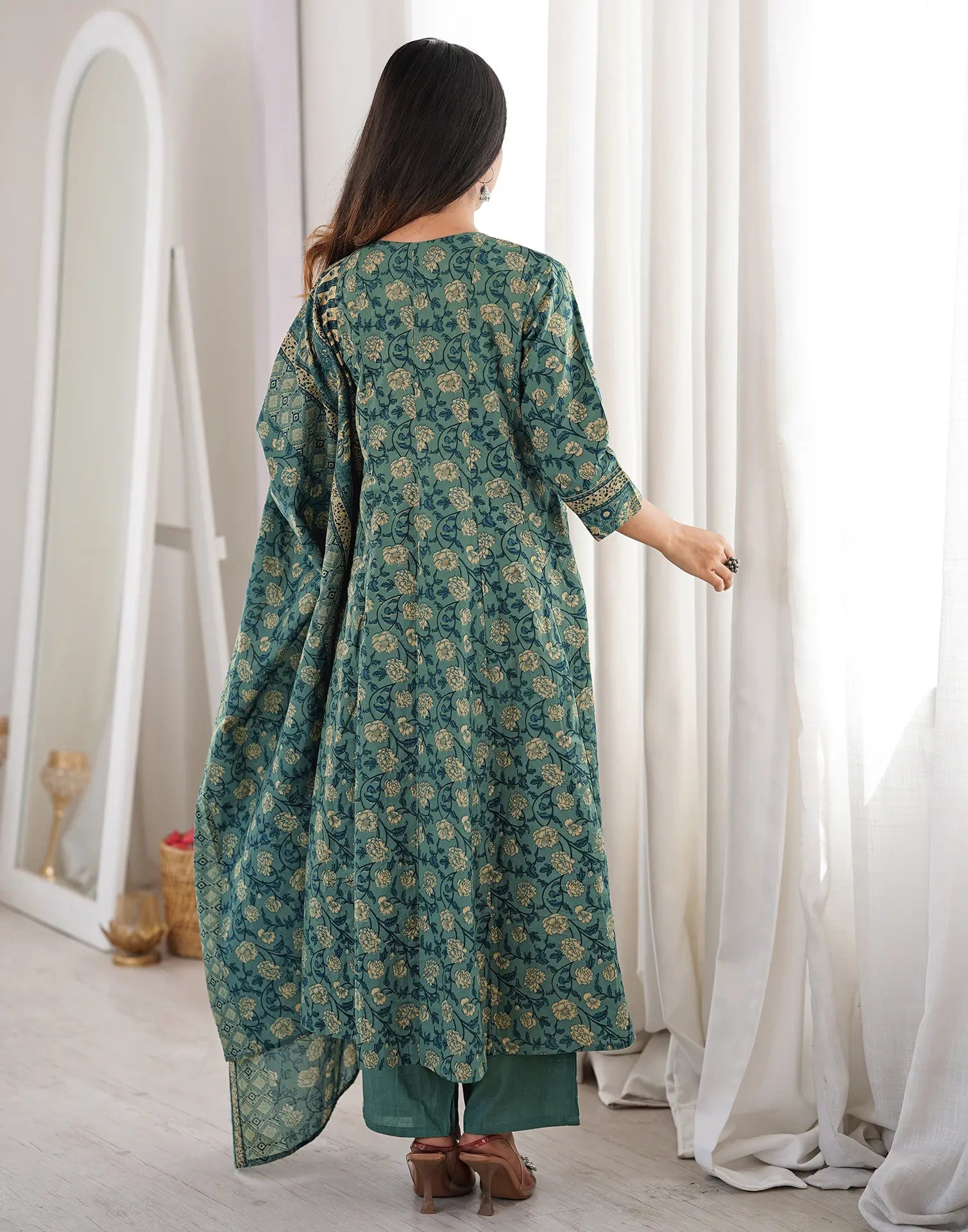 Teal Blue Notched Round Neck Printed Anarkali 3 Piece Kurta Set with Dupatta