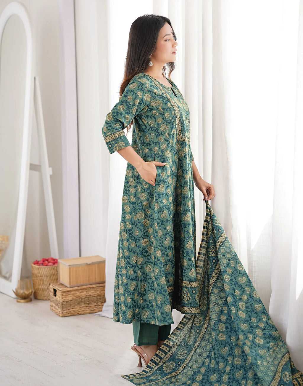 Teal Blue Notched Round Neck Printed Anarkali 3 Piece Kurta Set with Dupatta