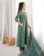 Teal Blue Notched Round Neck Printed Anarkali 3 Piece Kurta Set with Dupatta