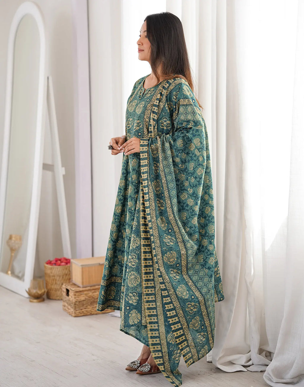 Teal Blue Notched Round Neck Printed Anarkali 3 Piece Kurta Set with Dupatta