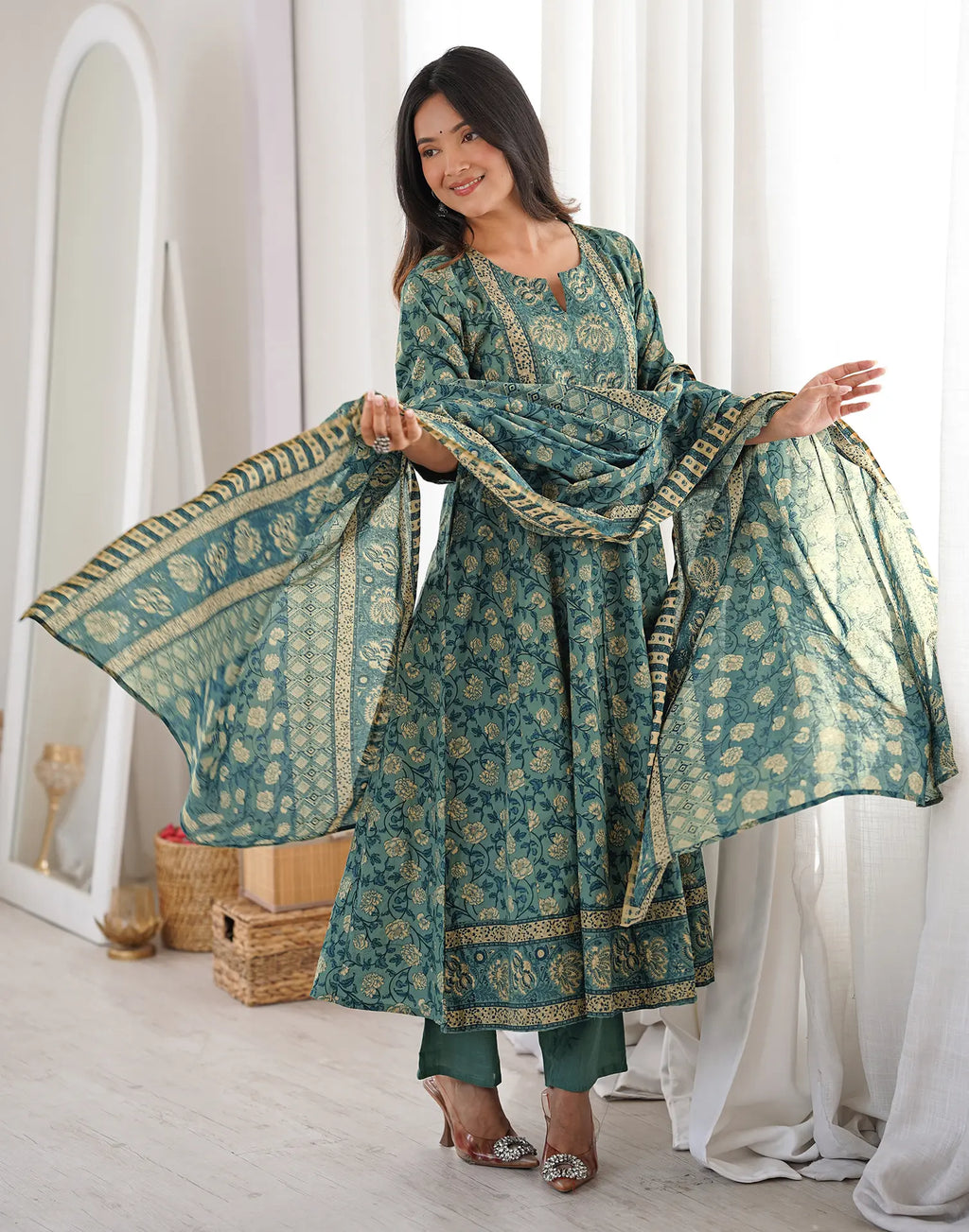 Teal Blue Notched Round Neck Printed Anarkali 3 Piece Kurta Set with Dupatta