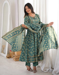Teal Blue Notched Round Neck Printed Anarkali 3 Piece Kurta Set with Dupatta