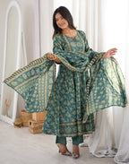 Teal Blue Notched Round Neck Printed Anarkali 3 Piece Kurta Set with Dupatta