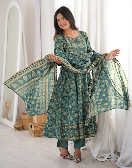 Teal Blue Notched Round Neck Printed Anarkali 3 Piece Kurta Set With Dupatta
