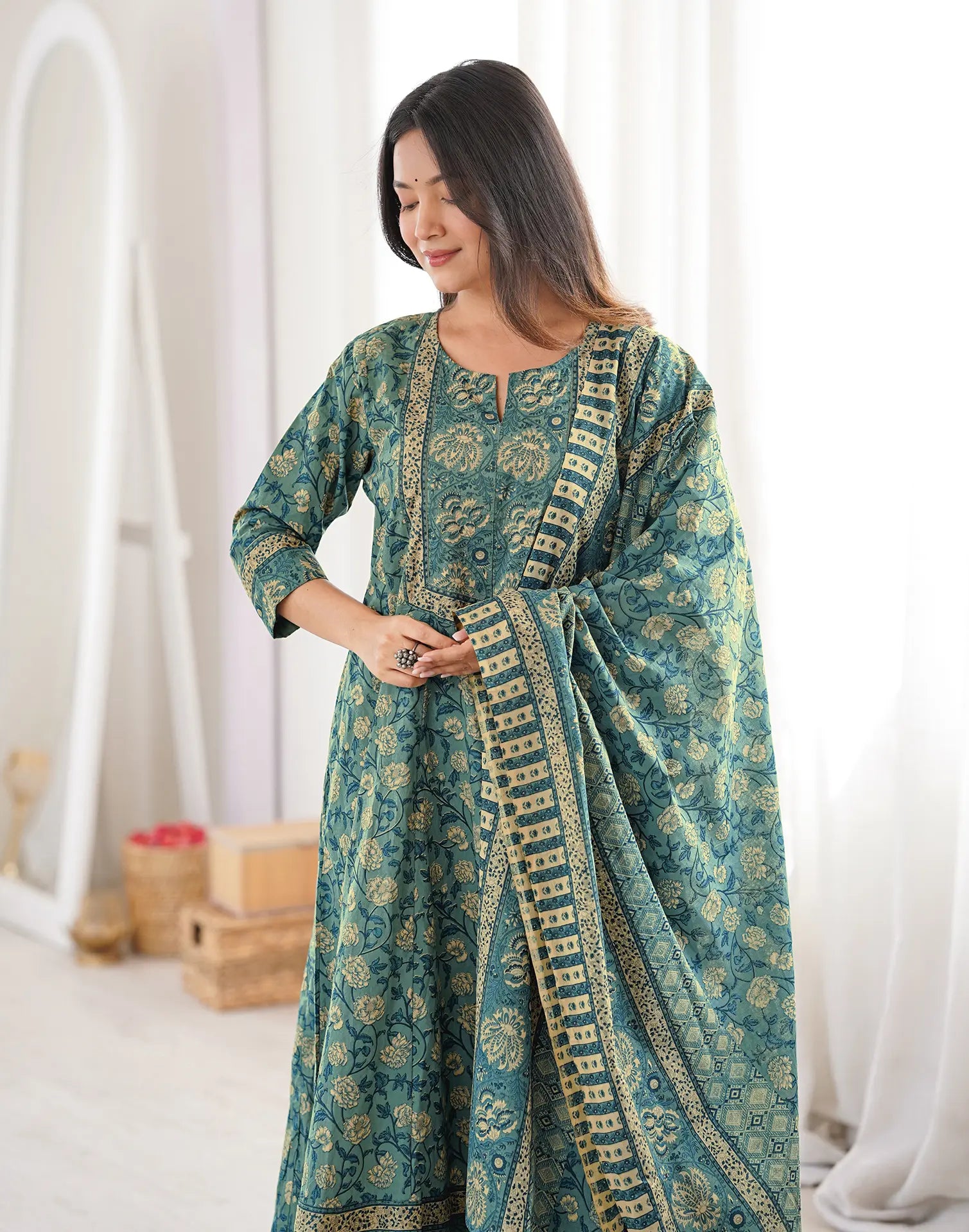 Teal Blue Notched Round Neck Printed Anarkali 3 Piece Kurta Set with Dupatta