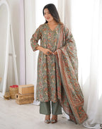 Sage Green V-Neck Printed Anarkali 3 Piece Kurta Set with Dupatta