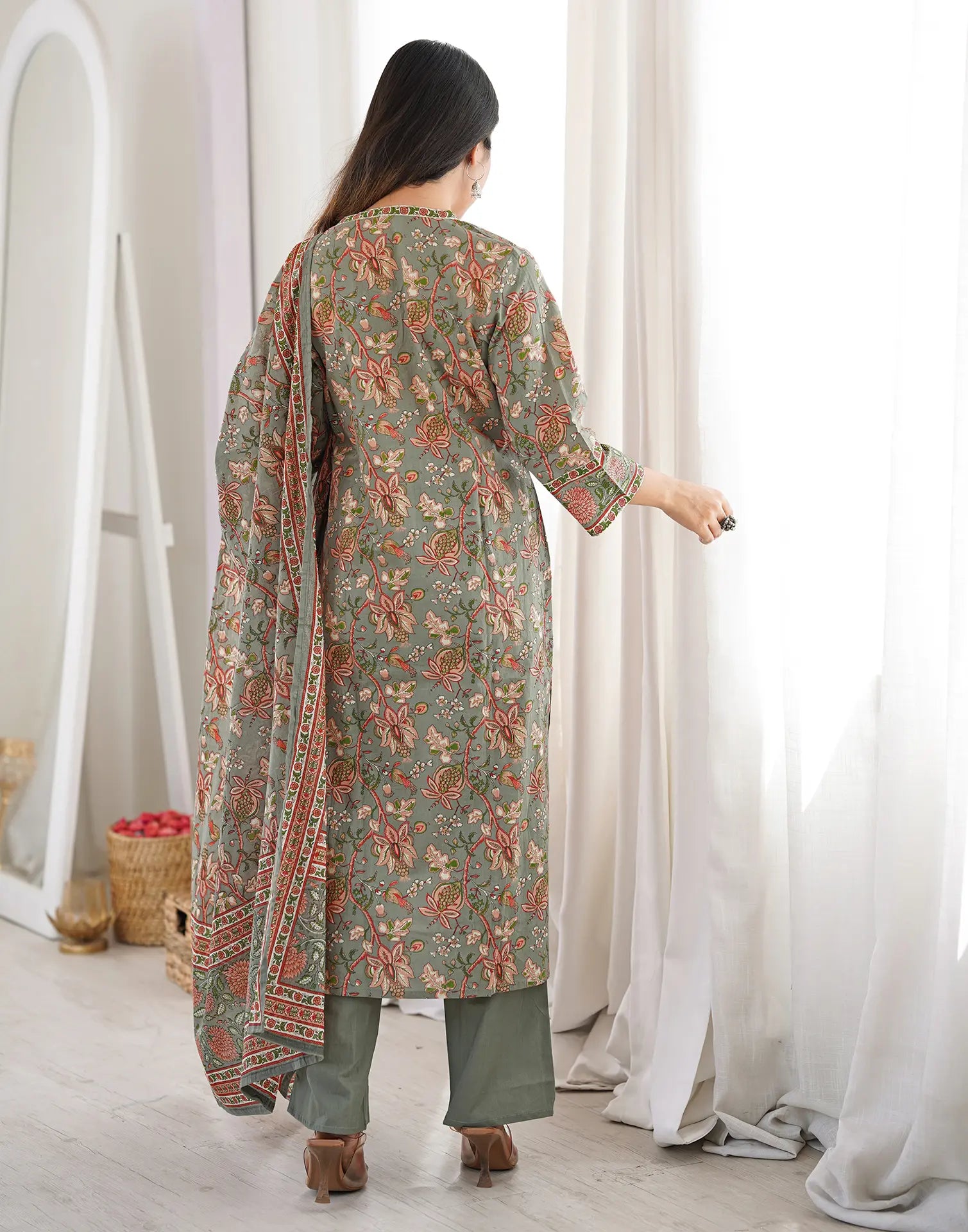 Sage Green V-Neck Printed Anarkali 3 Piece Kurta Set with Dupatta
