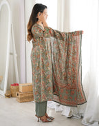 Sage Green V-Neck Printed Anarkali 3 Piece Kurta Set with Dupatta
