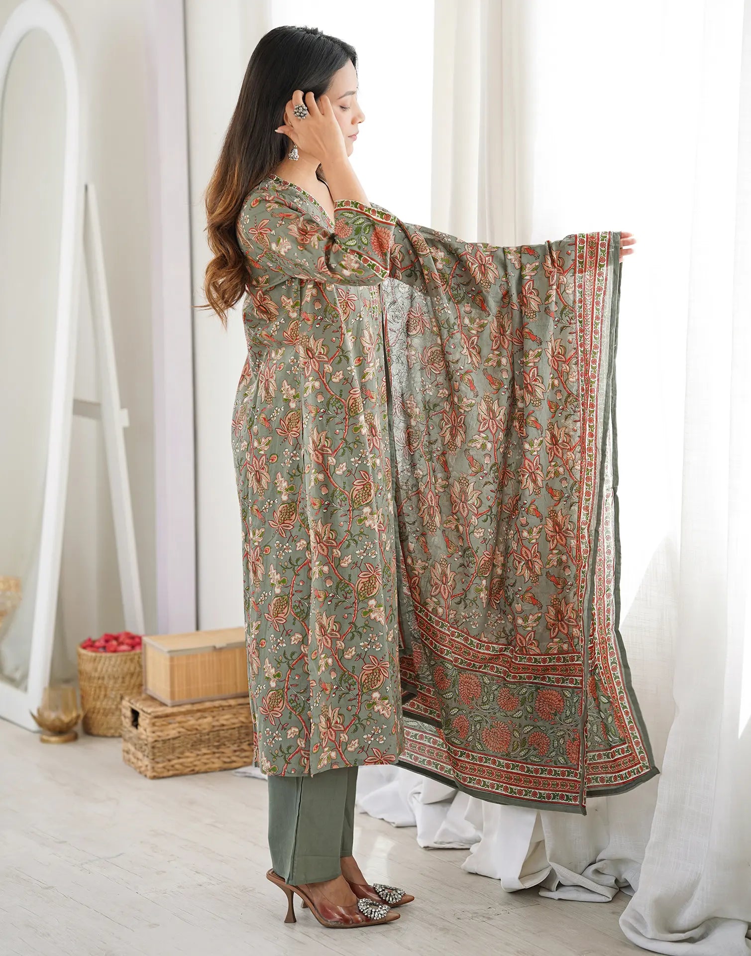 Sage Green V-Neck Printed Anarkali 3 Piece Kurta Set with Dupatta