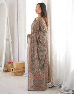 Sage Green V-Neck Printed Anarkali 3 Piece Kurta Set with Dupatta