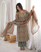 Sage Green V-Neck Printed Anarkali 3 Piece Kurta Set with Dupatta