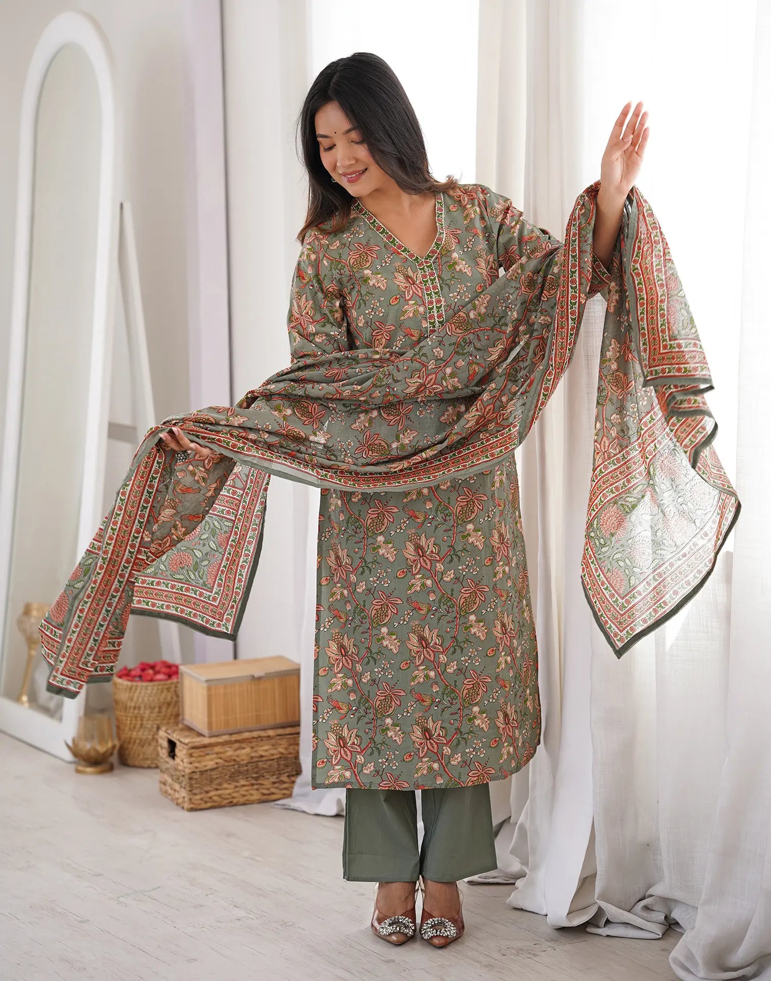 Sage Green V-Neck Printed Anarkali 3 Piece Kurta Set with Dupatta