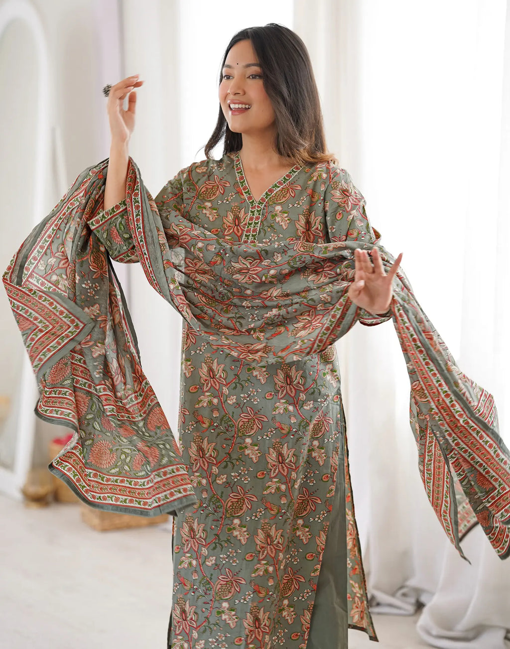 Sage Green V-Neck Printed Anarkali 3 Piece Kurta Set with Dupatta