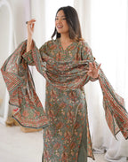 Sage Green V-Neck Printed Anarkali 3 Piece Kurta Set with Dupatta